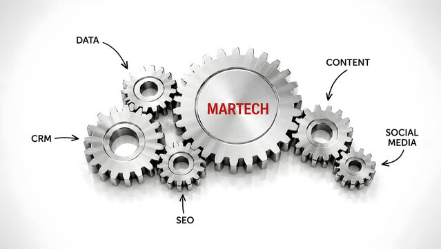 Conceptual martech illustration with interconnected gears labeled CRM, data, content, social media, and SEO representing digital marketing technology and automation