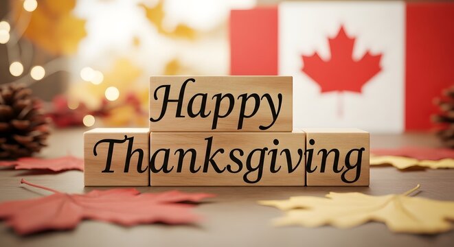 Festive canadian thanksgiving scene with autumn leaves and a maple leaf flag