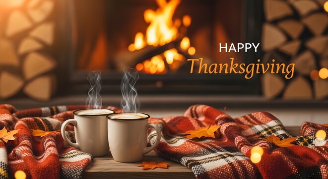 Cozy winter scene with a warm fireplace hot drinks and festive holiday treats