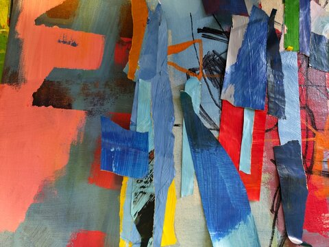 Title: Coral and Grey Abstract Collage with Blue Ribbon Detail