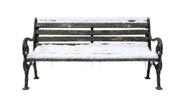 Old weathered wooden bench with icicles and snow isolated on transparent background