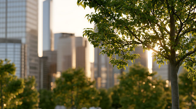 Urban nature scene with deciduous tree, Tilia cordata, foreground and soft sunset light over modern skyscraper city skyline in the bac