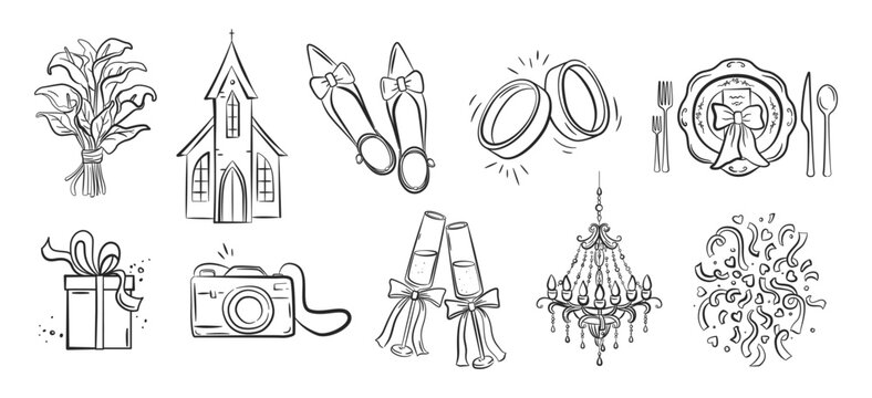 Wedding elements, Celebration, Marriage Icons Set