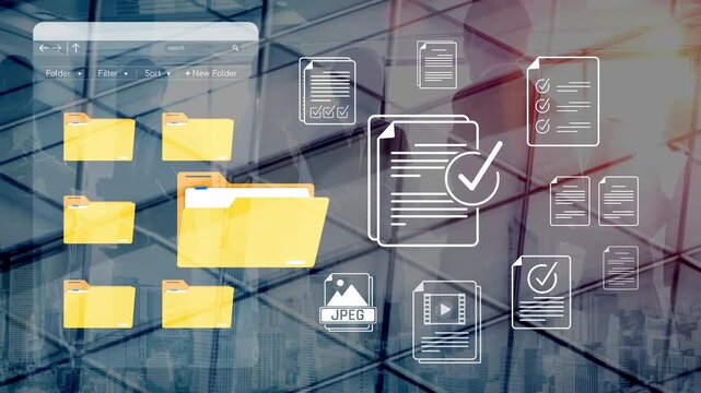 Digital Workspace with Yellow Folders and Checkmark Illustrations Overlaid on Office Background for Productivity and Organization Sigmoid