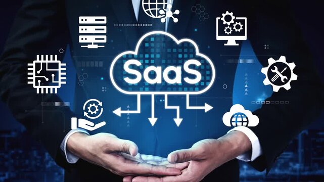 Cloud Computing Concept with Abstract SaaS Icons and Businessman Hands Supporting Technology and Innovation in Digital Environment. Entropy.