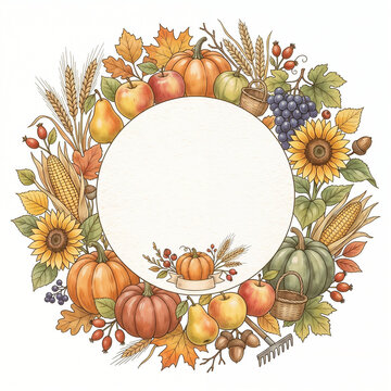 Harvest festival card with seasonal symbols including pumpkins, apples, pears, wheat stalks, ears of corn, grapes, sunflowers, acorns, autumn leaves, watercolor design, white background, copy space