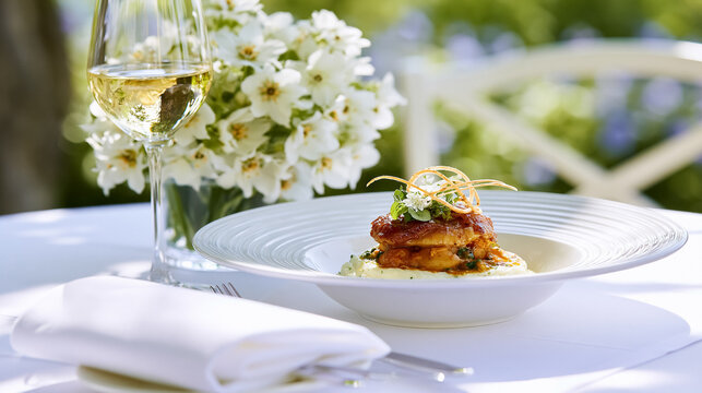 White wine, fresh flowers and polished cutlery adorn a beautifully set outdoor table, presenting an exquisite gourmet dish for a luxury dining event