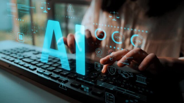 AI circuit microchip with glowing blue lines, surrounded by legal scales, warning symbols, data sheets, and binary codes, representing ethical AI, AI governance, and data integrity Marrow