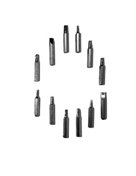Interchangeable Screwdriver Bits Arranged in Circle on Black Background