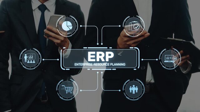 Business professionals in suits using mobile devices with icons representing enterprise resource planning, digital transformation, and modern technology in corporate environment. Raster.