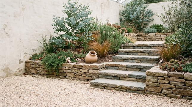 Paver stone steps in a garden courtyard with plants and gravel  