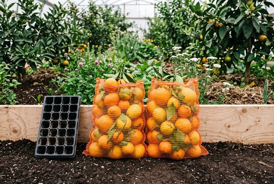 Orange mesh bags filled with mandarins in a garden bed  