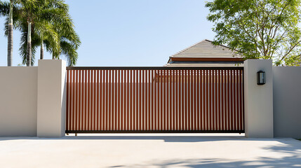 Naklejka premium Modern sliding wooden gate with metallic frame and concrete fence pillars in front of a tropical house under blue sky in bright daylight