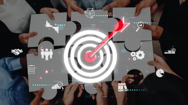 A dynamic scene depicting hands holding puzzle pieces, symbolizing teamwork and collaboration towards a common business target in a digital setting. Raster