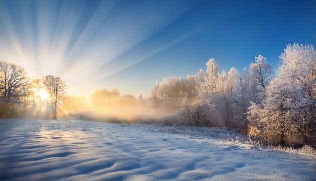 Winter Morning Landscape With Snow Covered Ground Fog And Sun Rays Through Frosty Trees