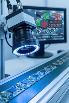 High-tech inspection camera with LED ring light monitors circuit boards on a conveyor belt in a smart manufacturing facility with a computer screen displaying defect detection