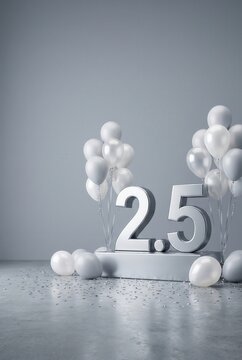 Silver number 2.5 displayed on a pedestal surrounded by white balloons and confetti on a gray background, ideal for celebration or milestone events
