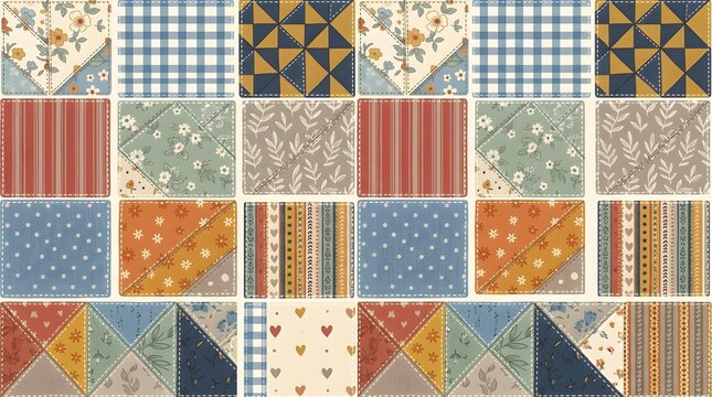 Patchwork textile pattern combining colorful geometric fabric squares, folk motifs and gingham textures for rustic quilting, craft and home decor