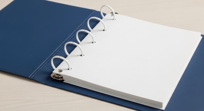 Open blue presentation binder with blank white pages.