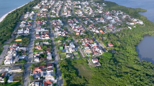 Florian&oacute;polis, Daniela Beach. Aerial View of Tropical Coastline. Establishing Shot. Santa Catarina, Brazil.