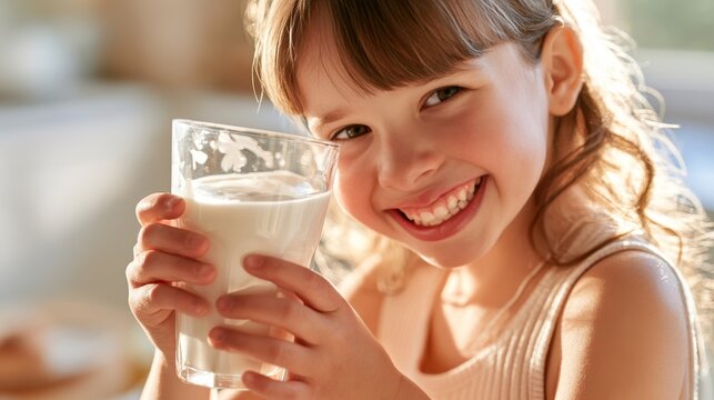 Young girl with brown hair smiles while holding a glass of milk in a bright kitchen, sunlight illuminating her face and soft background elements visible