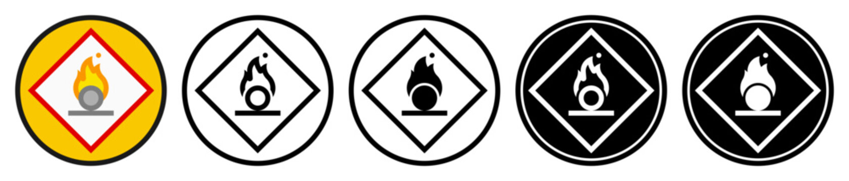 Flat icons of an oxidizing agent, in outlined, solid, and inverted styles