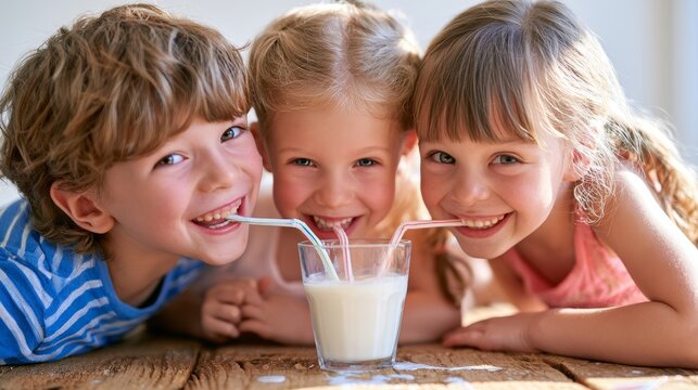 Three children, two boys and a girl, smiling while sharing a glass of milk with straws, sitting on a wooden floor in a bright indoor setting