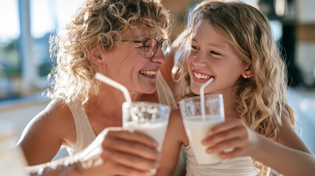 Caucasian grandmother and granddaughter smiling while holding glasses of milk with straws, bright indoor setting with natural light and soft focus background