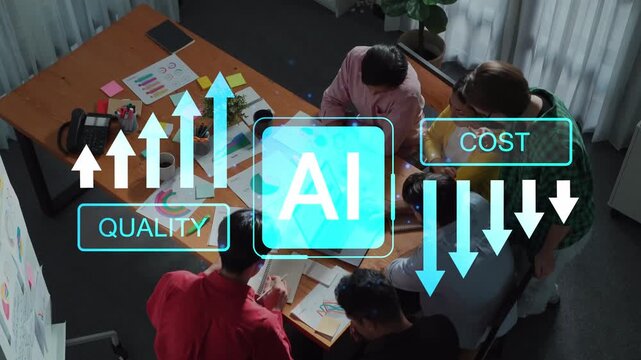 Team Collaborating on Business Strategy with AI Concept Illustrating Quality and Cost Metrics in Modern Office Environment Gluon.