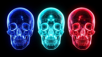 Fototapeta premium Three glowing human skulls in vibrant blue cyan and red neon colors isolated on a solid black background for design