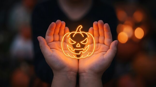 A person holding a glowing neon jack o lantern pumpkin icon in their open hands during a dark halloween night