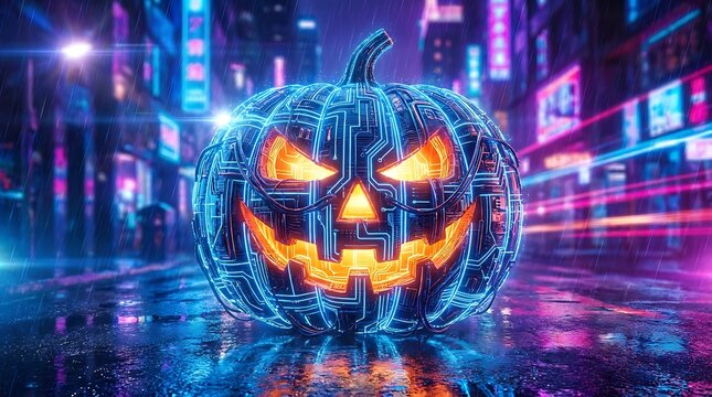 A futuristic robotic pumpkin with glowing orange eyes and mouth standing in the middle of a neon lit city street