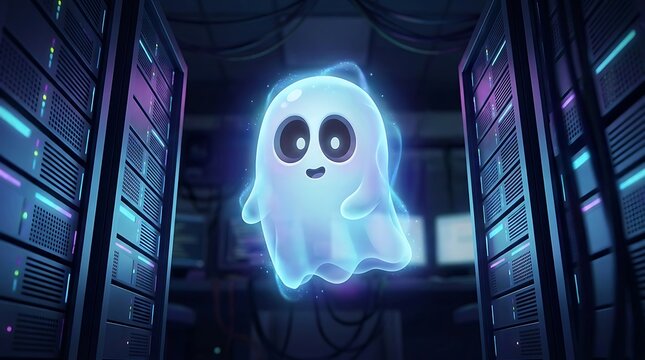 A cute glowing cartoon ghost floating between two dark server racks in a modern high tech data center environment