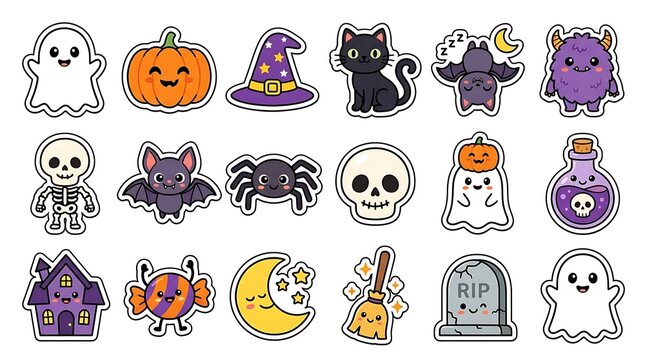 Set of cute kawaii halloween stickers featuring ghosts pumpkins black cats bats skulls and other spooky holiday themed decorative elements