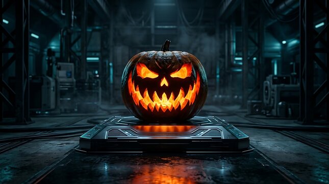 A glowing sinister jack o lantern sits on a metallic platform inside a dark industrial warehouse during a spooky night