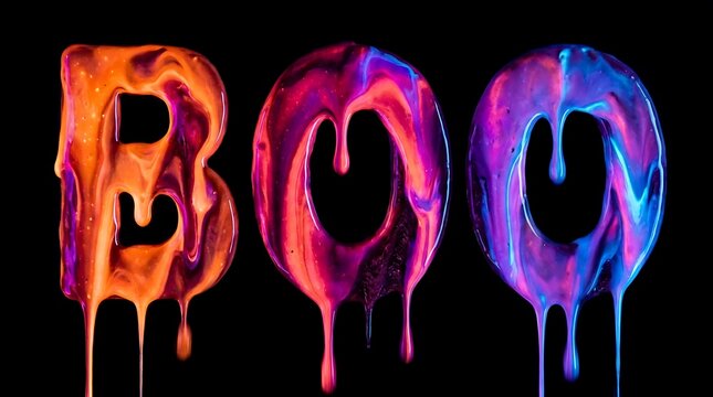 The word boo written in colorful dripping liquid paint isolated on a black background for a creative halloween holiday design