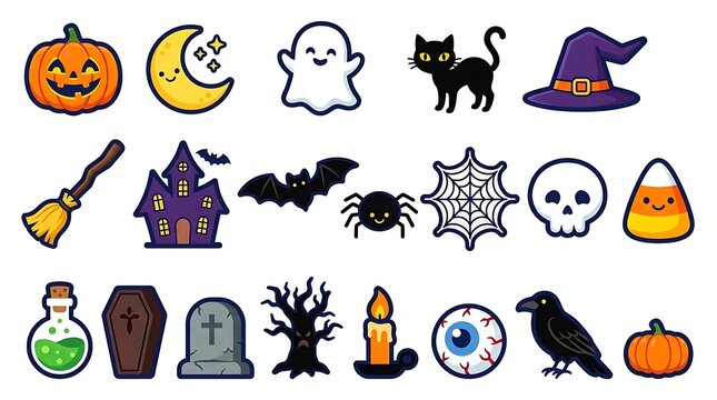 Set of cute hand drawn halloween stickers featuring pumpkins ghosts bats spiders skulls and other spooky holiday themed festive icons