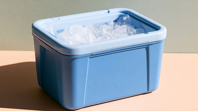 A blue plastic cooler box filled with ice cubes on a peach surface, studio lighting, minimal composition for summer and travel themes