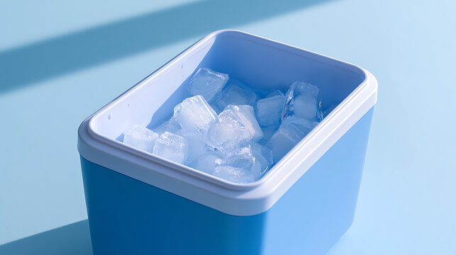 A bright blue portable cooler filled with crystal clear ice cubes on a matching light blue background with sharp shadows for summer theme