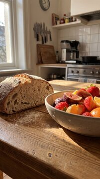 Slicing fresh artisanal sourdough bread with knife and flying flour dust cloud on rustic wooden table