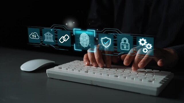 Hands Typing on Keyboard with Digital Security Icons Displayed, Representing Technology, Cybersecurity and Online Protection Concepts. Entropy.