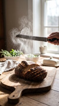 Slicing fresh artisanal sourdough bread with knife and flying flour dust cloud on rustic wooden table