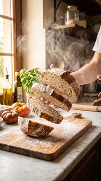Slicing fresh artisanal sourdough bread with knife and flying flour dust cloud on rustic wooden table