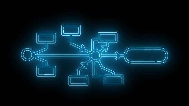 Glowing blue neon flowchart network tree showing organizational hierarchy data mapping system flow and algorithmic decision tree pathways