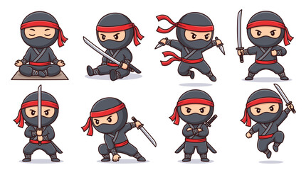 A collection of eight cute cartoon ninja characters striking various poses and holding different weapons © Refined Ai Vector