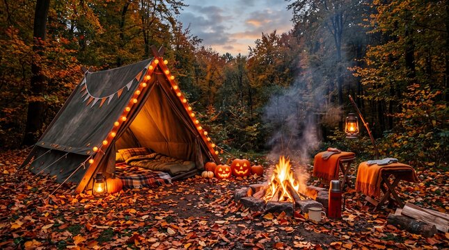 Cozy autumn campsite with a glowing tent campfire and pumpkins