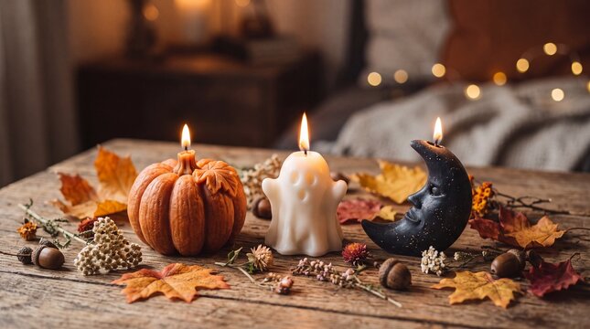 Cozy Halloween candles shaped as pumpkin ghost and moon on wood