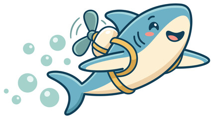 Naklejka premium A cheerful cartoon shark with rosy cheeks wears a propeller backpack and zooms through the water, leaving a trail of bub