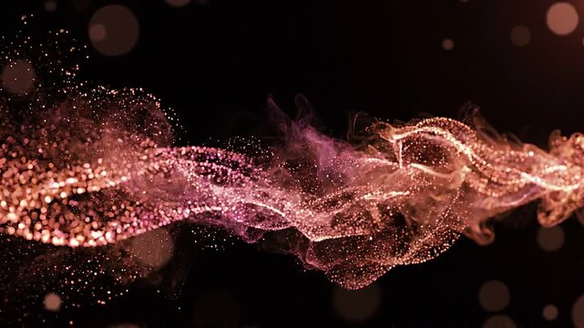 Rose Gold Glitter Particles Flowing in Shimmering Waves with Soft Bokeh on Solid Black Background, Abstract Luxury Motion Graphic
