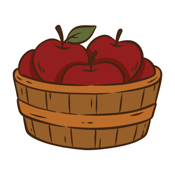 Apples in Wooden Bowl Flat Vector Illustration Isolated on White Background. Perfect for autumn, harvest, food, farming, and seasonal designs.